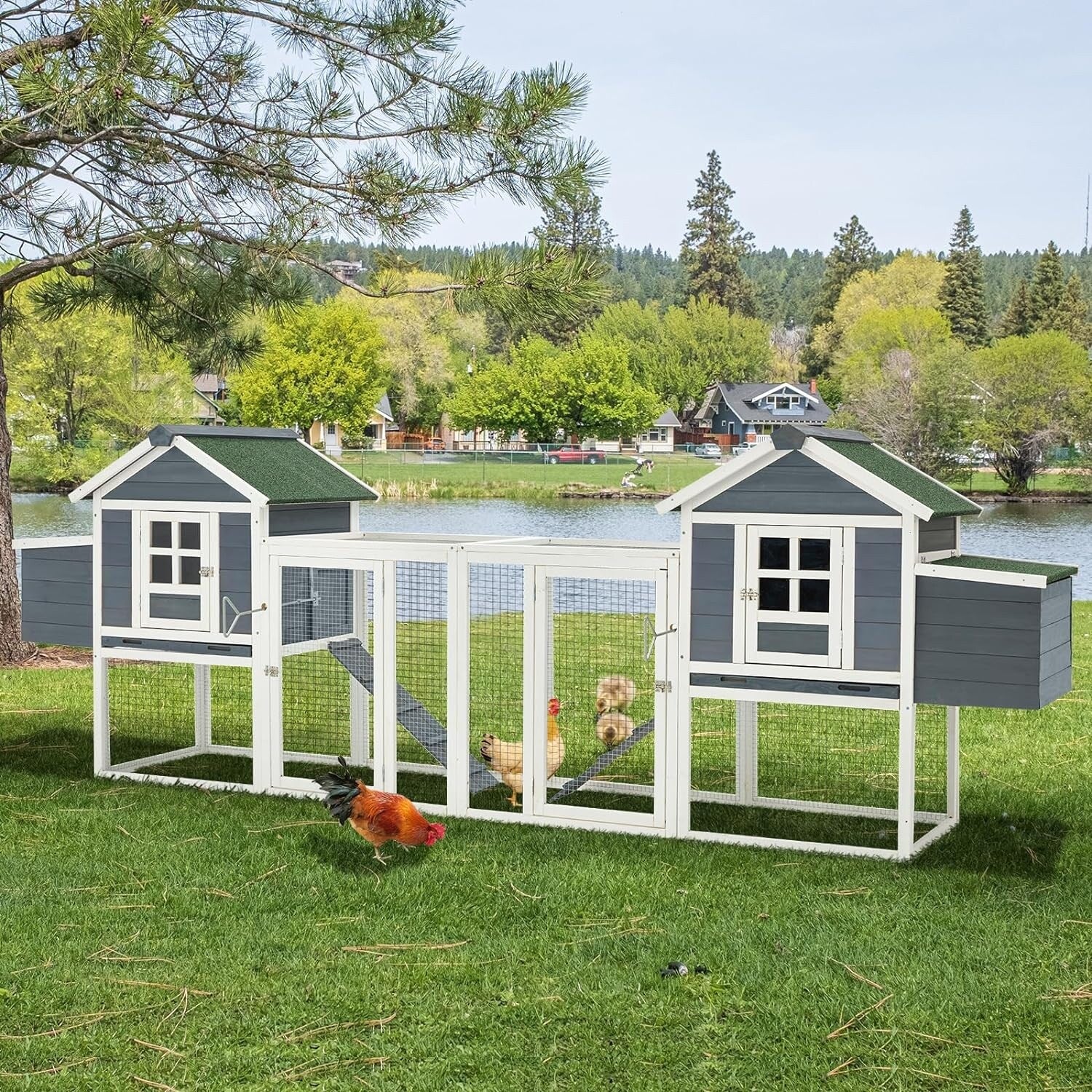 AECOJOY 144'' Grand Poulailler avec Enclos Clapier en Bois Cage à Volaille Maison