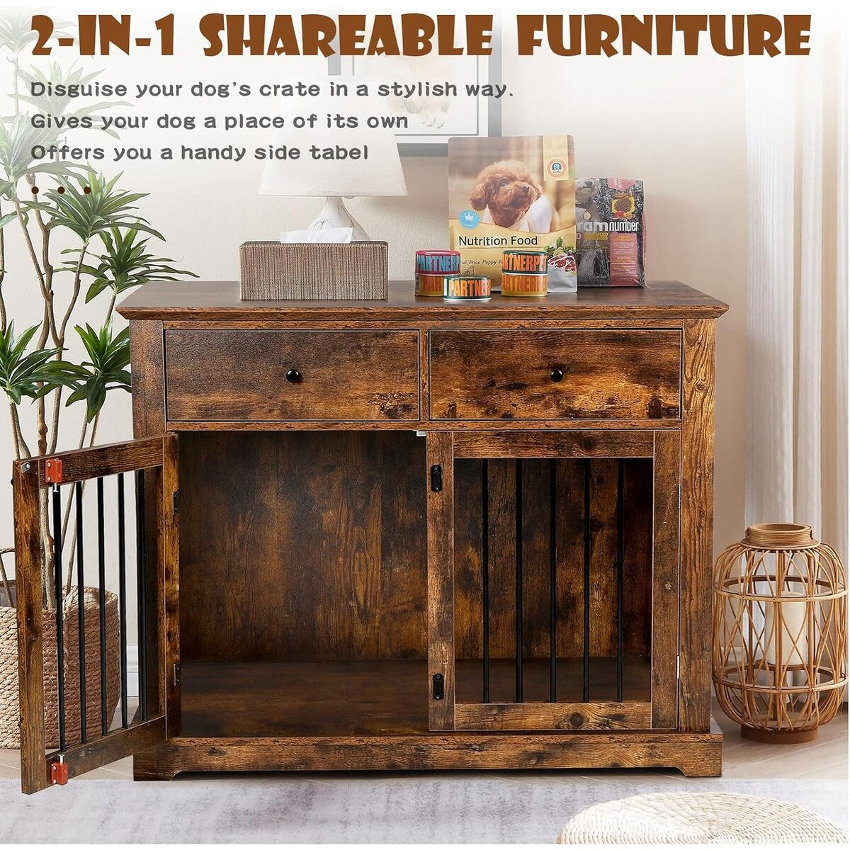 Cage pour chien Bossin de 111 cm de large, table d'appoint en bois avec tiroirs de rangement, niche décorative pour animaux de compagnie.