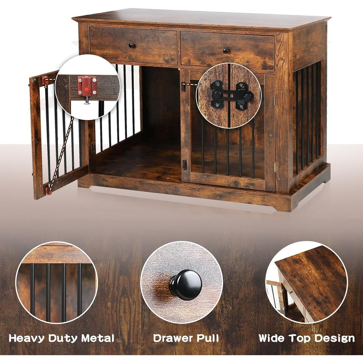 Cage pour chien Bossin de 111 cm de large, table d'appoint en bois avec tiroirs de rangement, niche décorative pour animaux de compagnie.