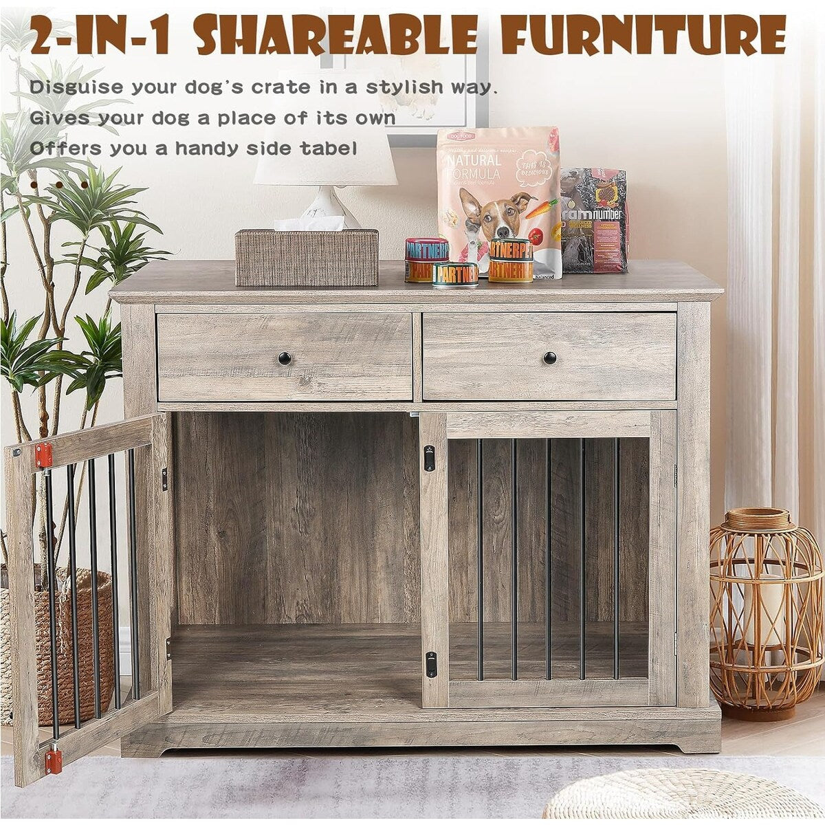 Cage pour chien Bossin de 111 cm de large, table d'appoint en bois avec tiroirs de rangement, niche décorative pour animaux de compagnie.
