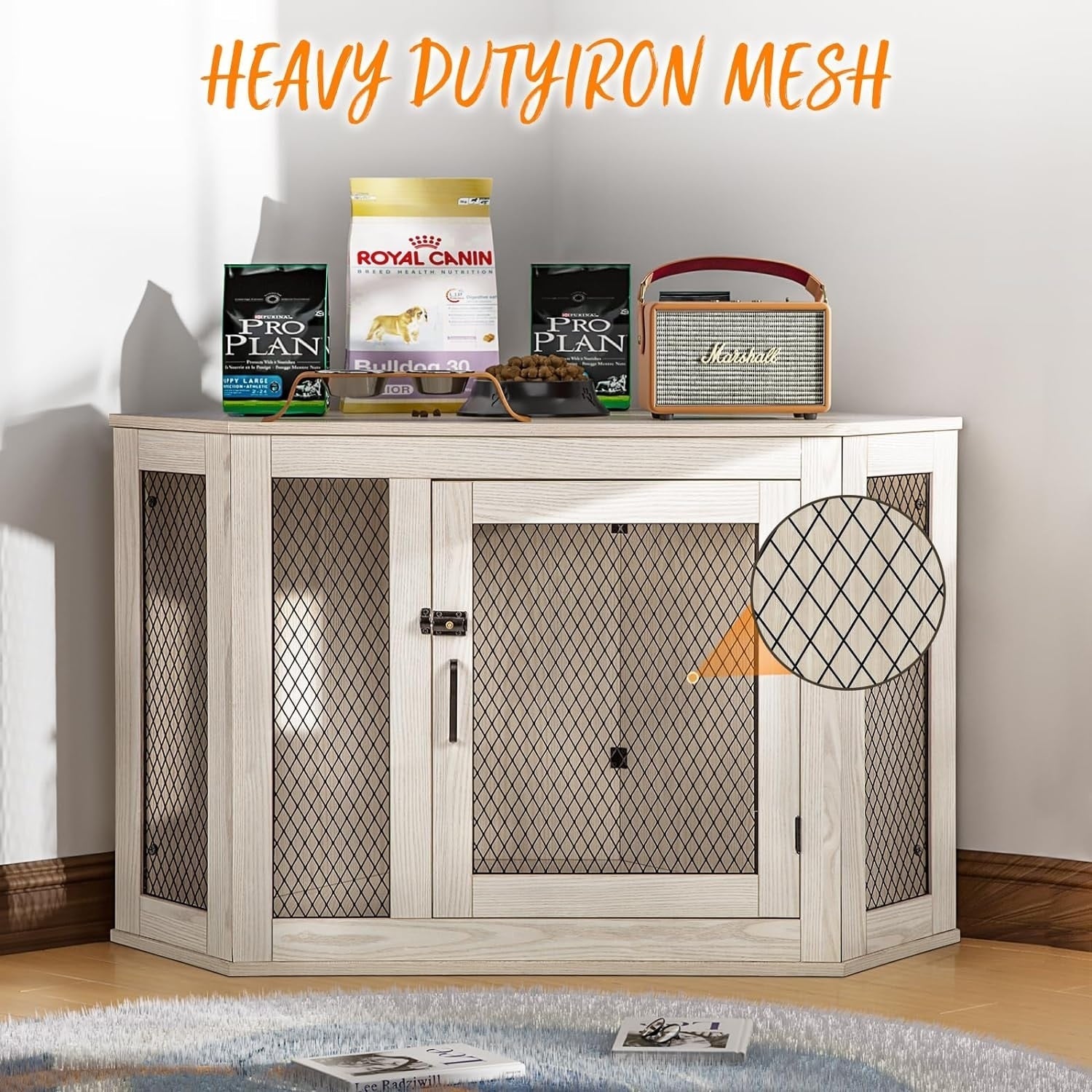 Niche d'angle pour chien Bossin, niche en bois de 44/52 pouces avec filet, niche décorative en bois pour chien, idéale pour l'intérieur
