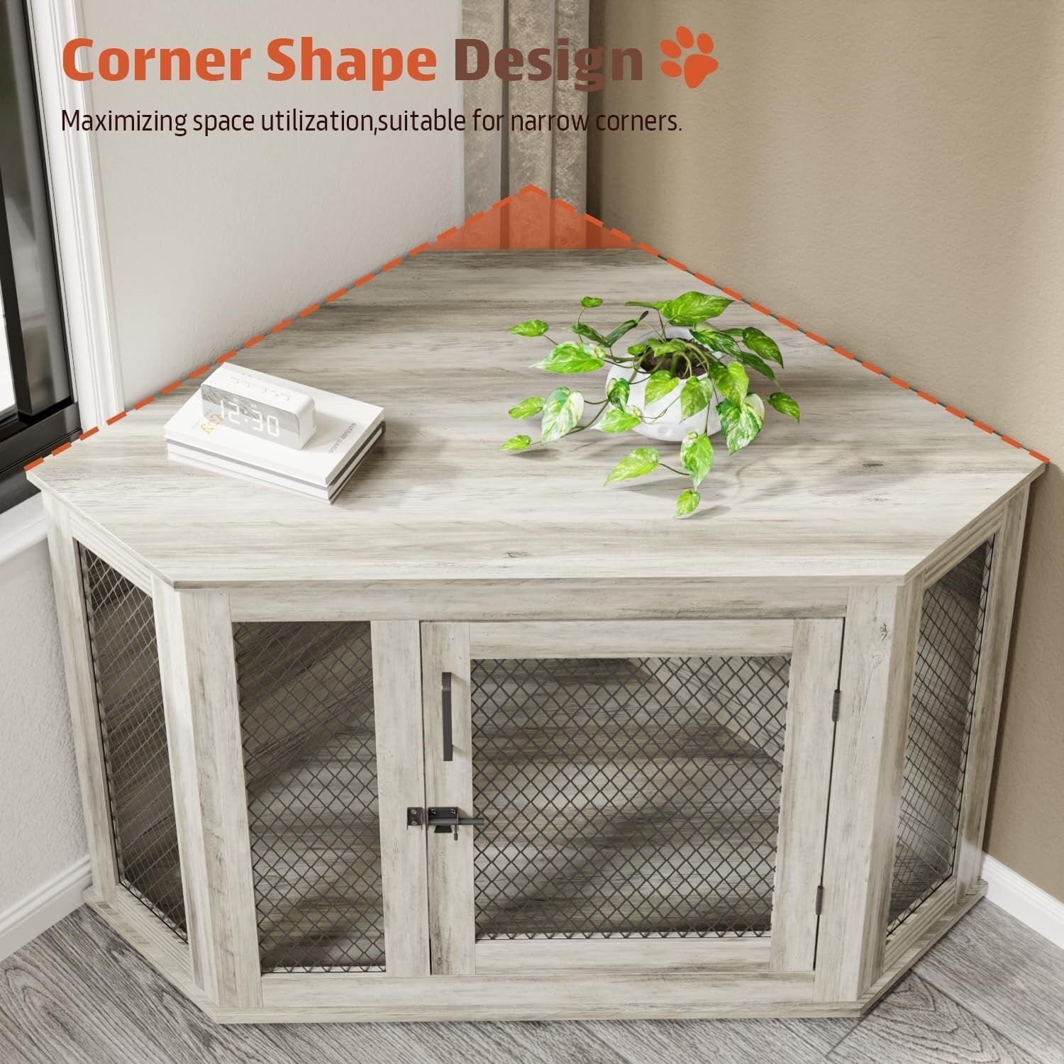 Niche d'angle pour chien Bossin, niche en bois de 44/52 pouces avec filet, niche décorative en bois pour chien, idéale pour l'intérieur
