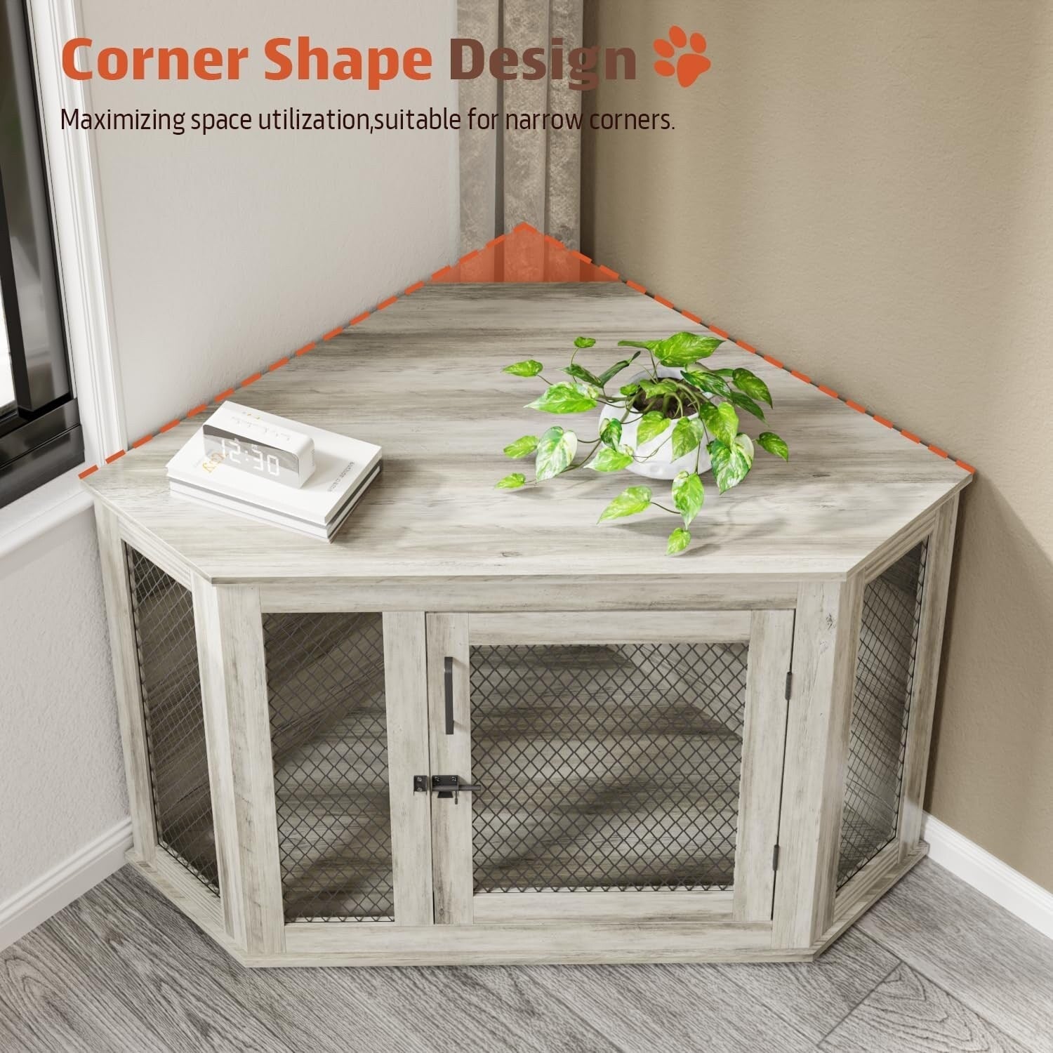 Niche d'angle pour chien Bossin, niche en bois de 44/52 pouces avec filet, niche décorative en bois pour chien, idéale pour l'intérieur