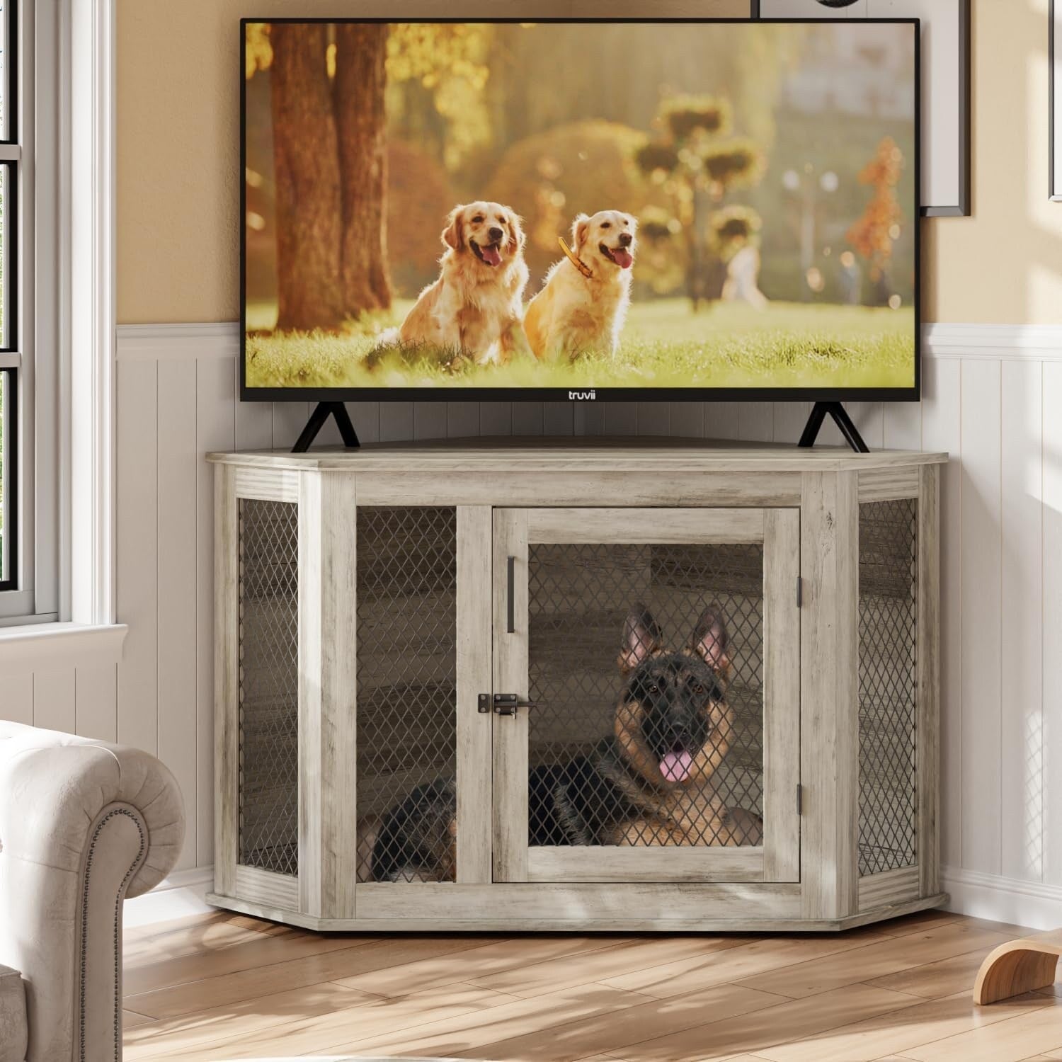 Niche d'angle pour chien Bossin, niche en bois de 44/52 pouces avec filet, niche décorative en bois pour chien, idéale pour l'intérieur