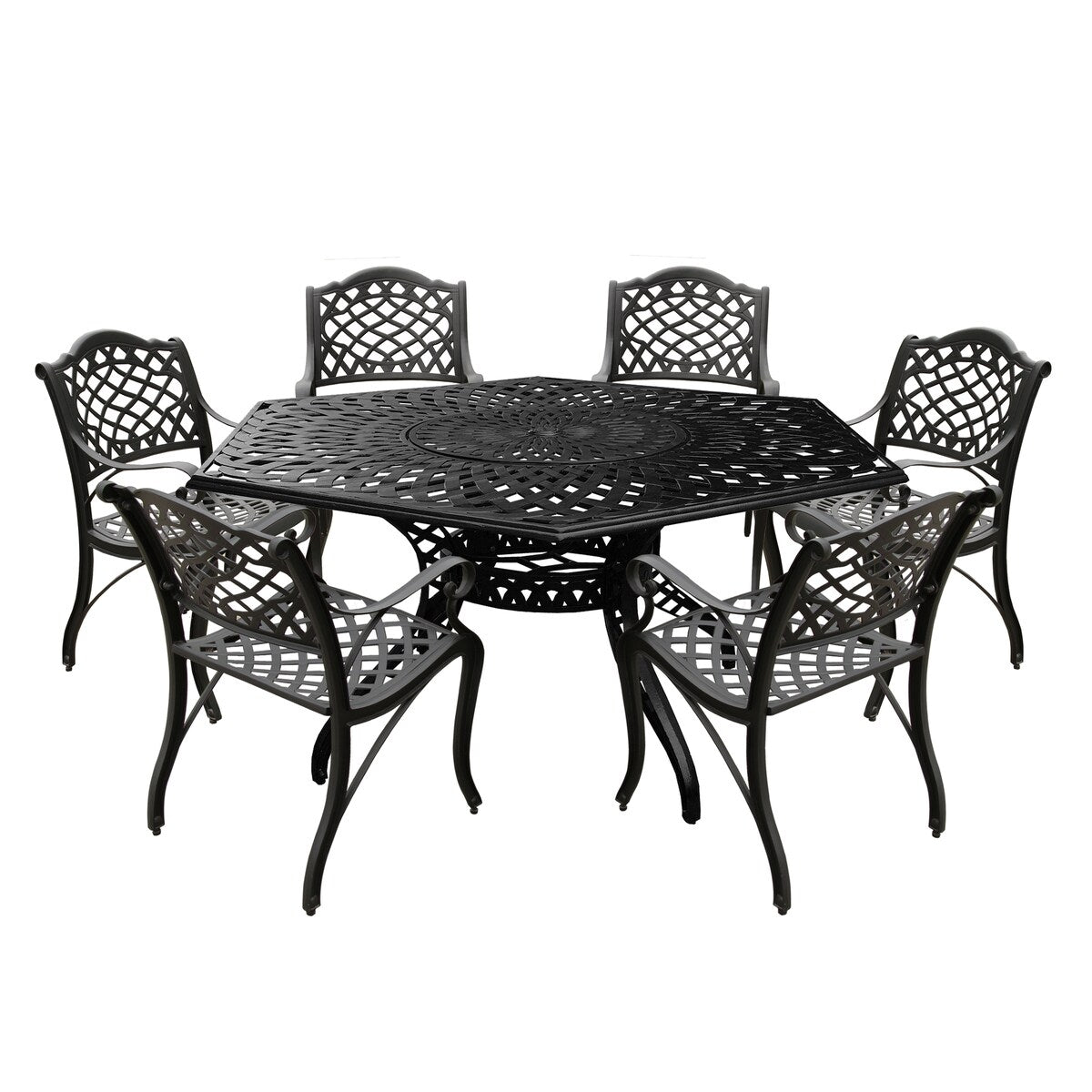 Ensemble de salle à manger d'extérieur moderne et orné en aluminium maillé, grand format hexagonal de 160 cm, avec plateau tournant et six chaises - N/A