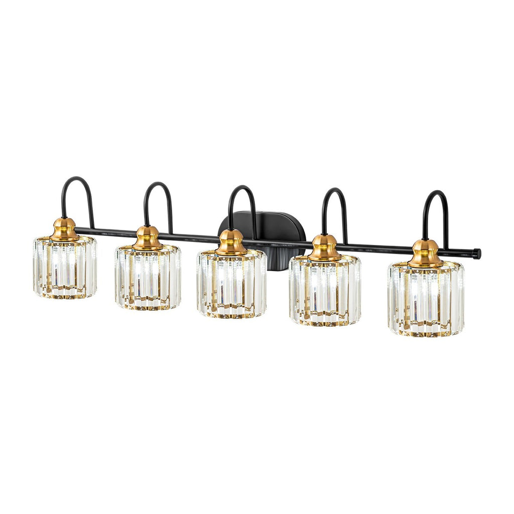 Luminaires de salle de bain linéaires à 5 lumières en cristal à intensité variable avec abat-jour cylindrique en cristal