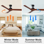 Ventilateur de plafond moderne en bois massif/ABS de 52 pouces avec télécommande (sans lumière), 6 vitesses de vent, flux d'air réversible