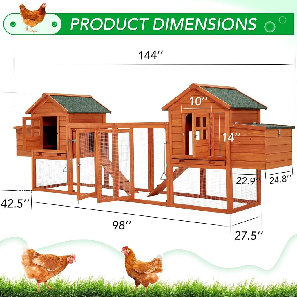 AECOJOY 144'' Grand Poulailler avec Enclos Clapier en Bois Cage à Volaille Maison