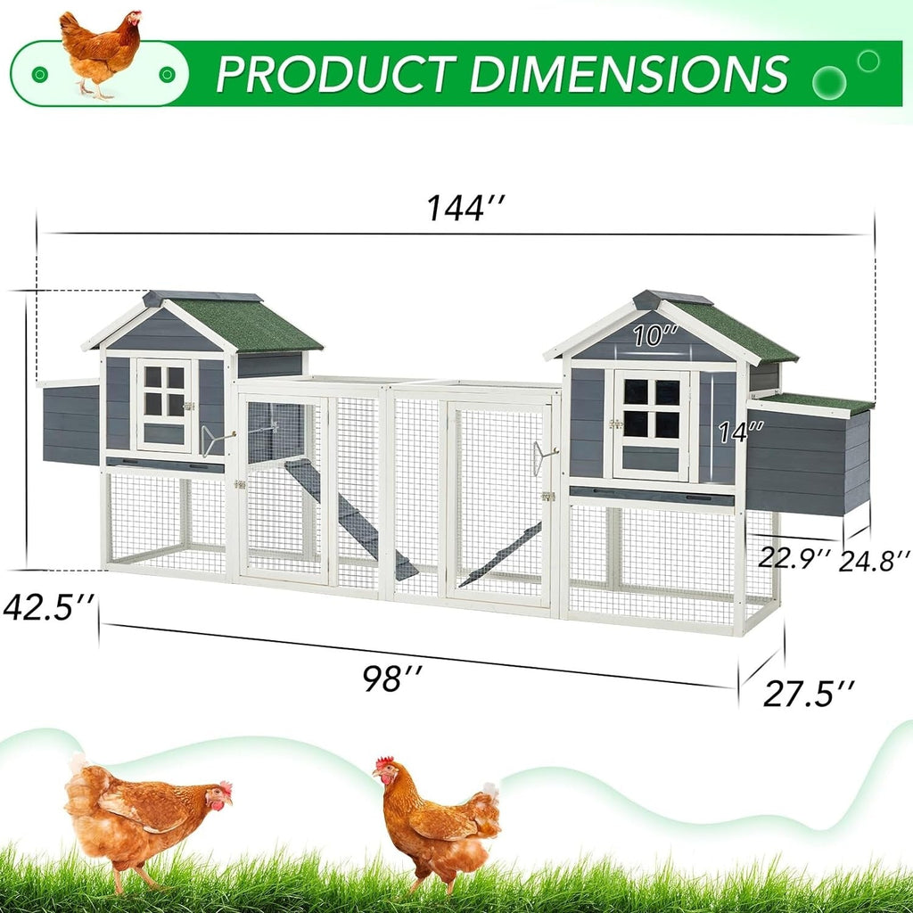 AECOJOY 144'' Grand Poulailler avec Enclos Clapier en Bois Cage à Volaille Maison