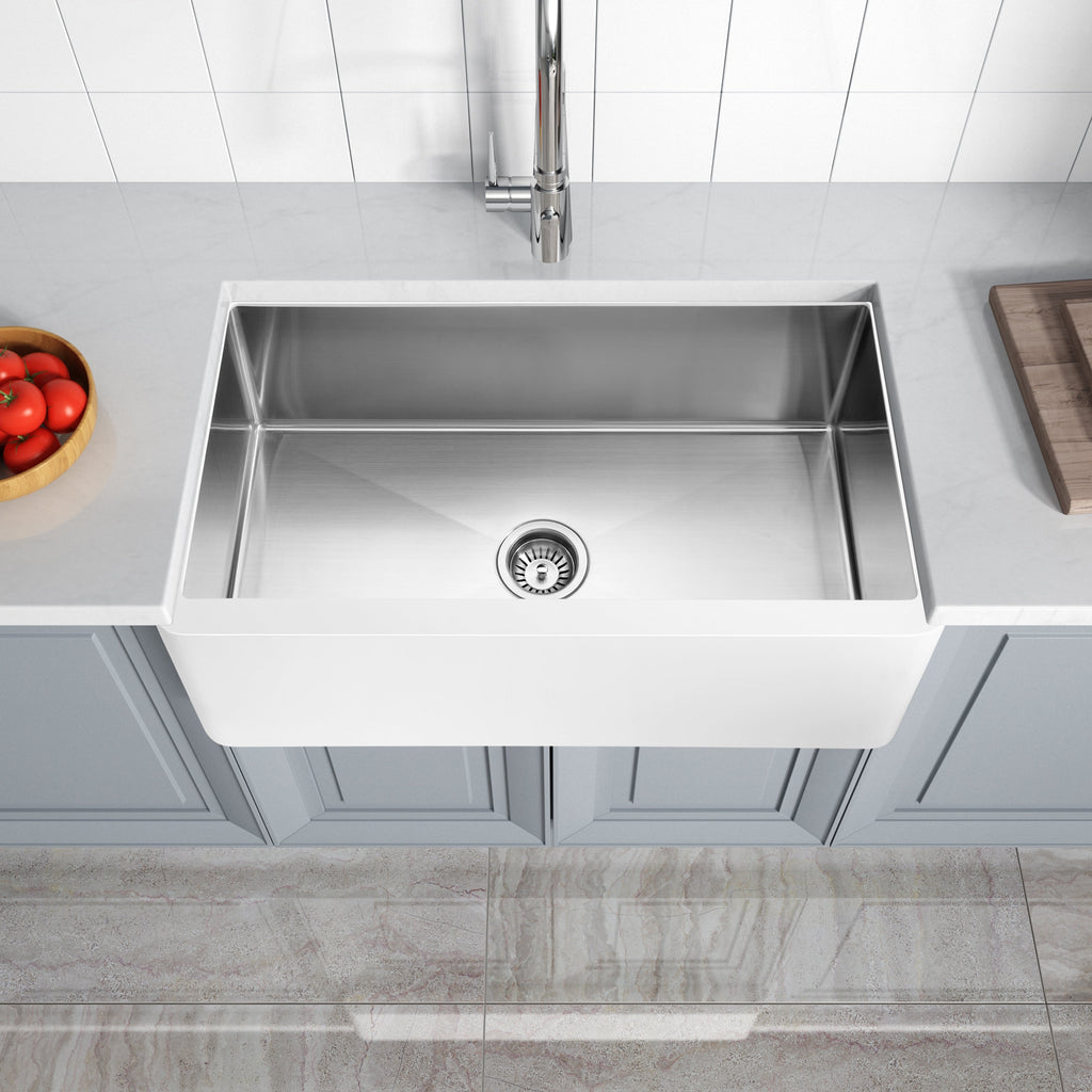 Évier de cuisine simple ANZZI Apollo blanc mat en surface solide de style ferme, 36 po, avec intérieur en acier inoxydable
