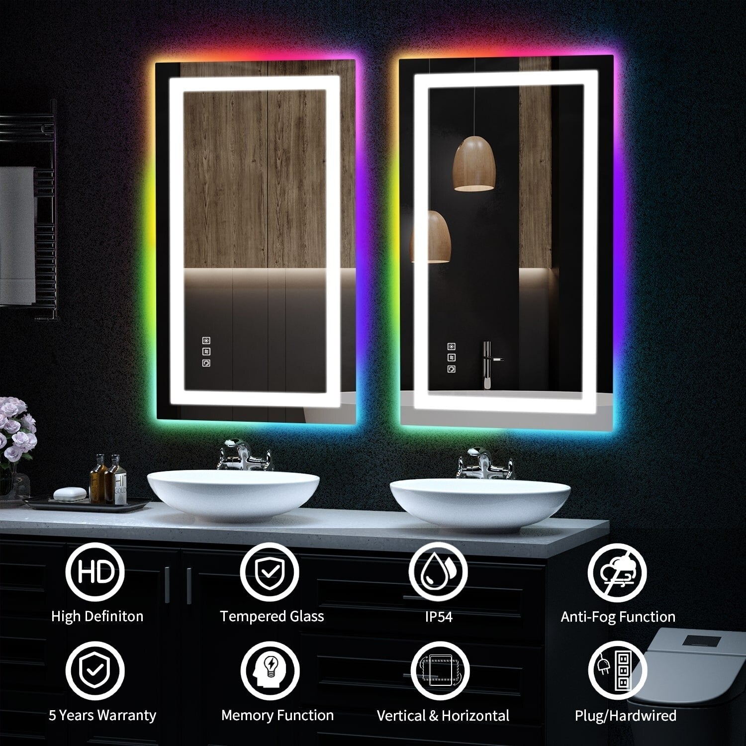 Miroir de salle de bain antibuée rétroéclairé RVB et à éclairage frontal LED