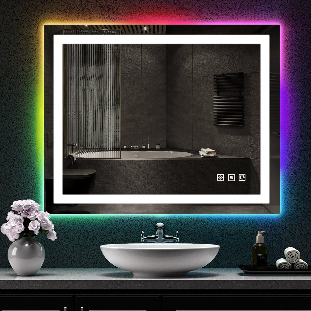 Miroir de salle de bain antibuée rétroéclairé RVB et à éclairage frontal LED