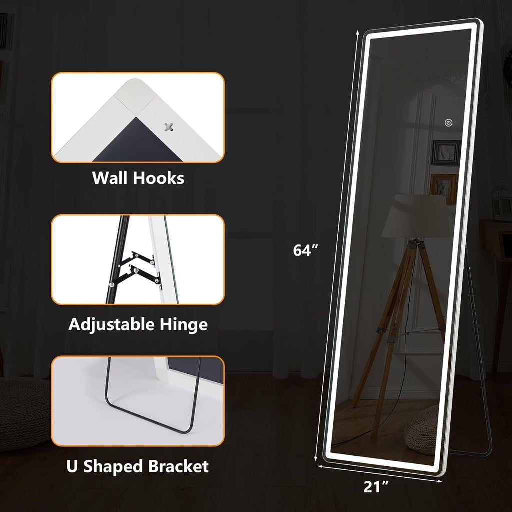 Miroir de sol avec éclairage LED, 64 x 21, miroir pleine longueur avec support, miroir suspendu, miroir mural, miroir intégral