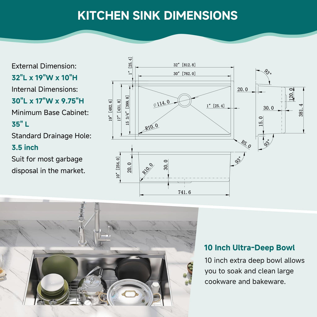 Évier de cuisine sous plan CB HOME 32 po, encastrable, noir/acier inoxydable, cuve simple avec accessoires