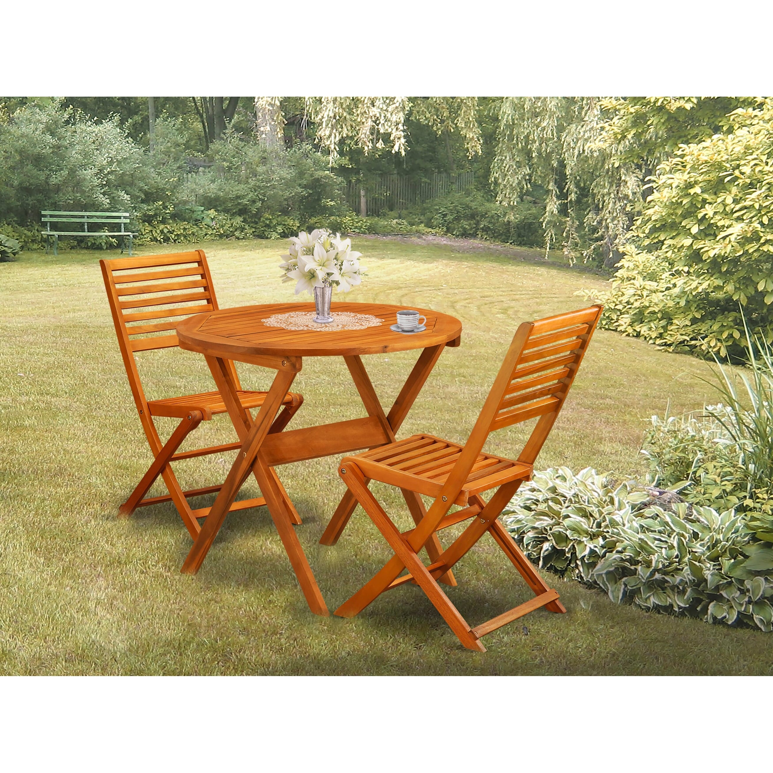 L'ensemble de bistrot de conversation d'extérieur East West Furniture comprend une table basse ronde en bois et 2 chaises pliantes, huile naturelle