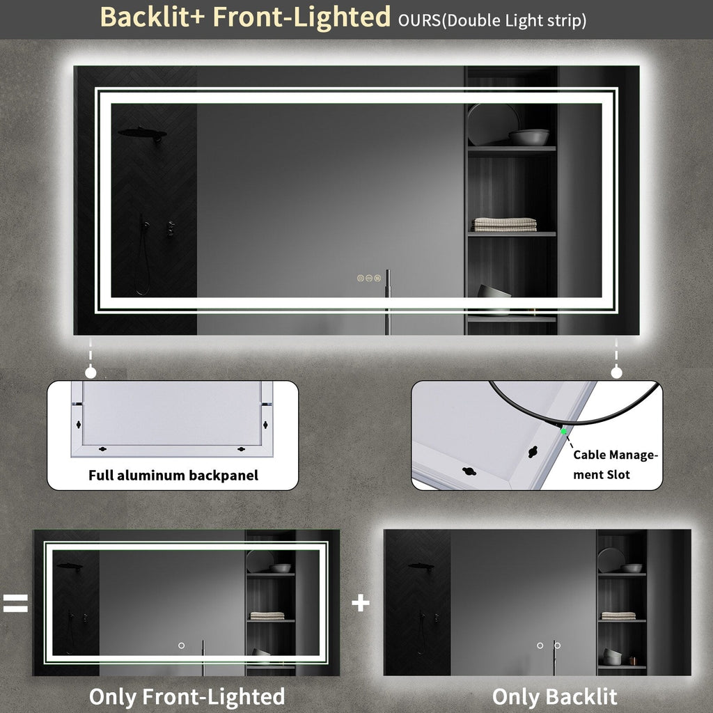 Miroir de salle de bain extra large avec éclairage LED, antibuée, 3 couleurs