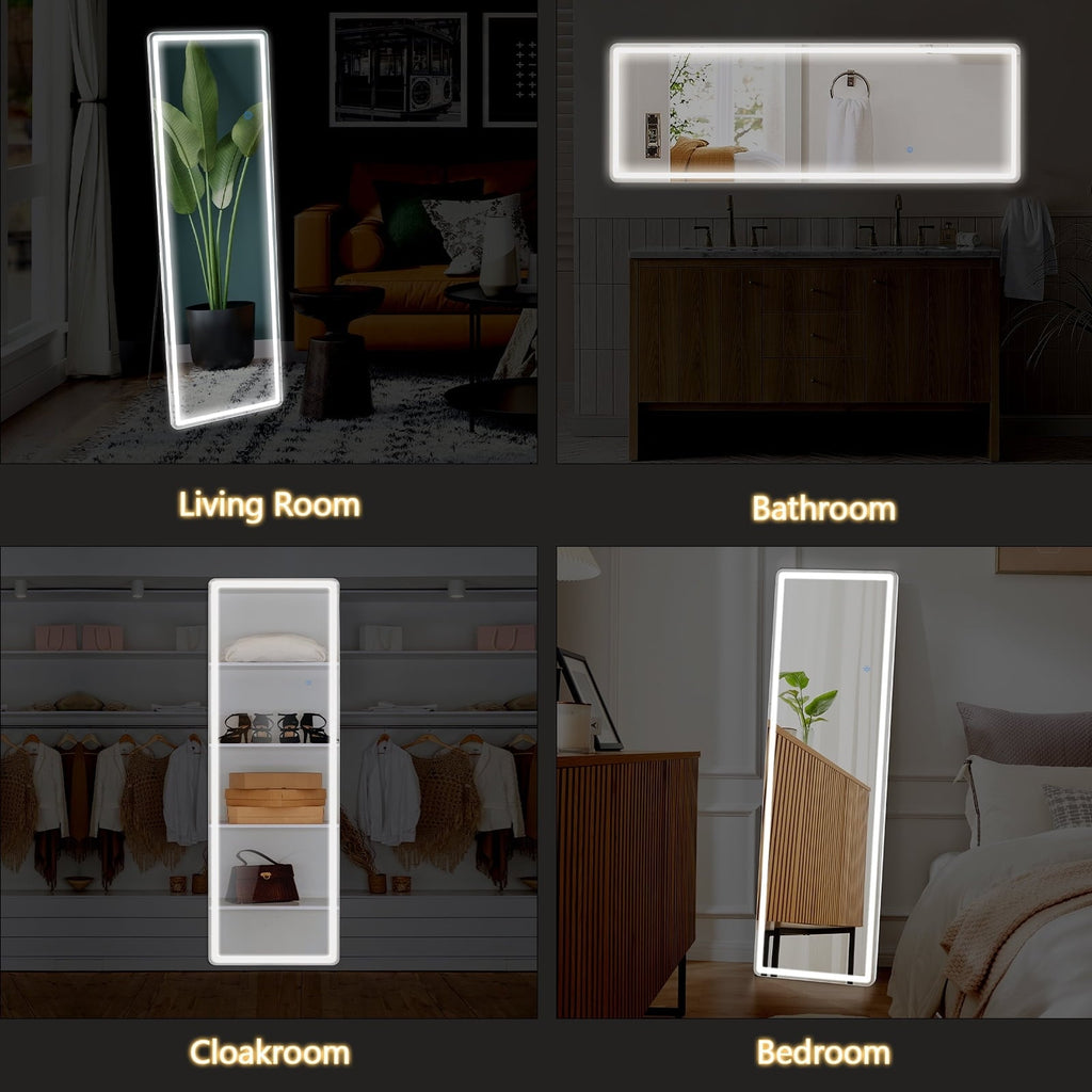 Miroir de sol avec éclairage LED, 64 x 21, miroir pleine longueur avec support, miroir suspendu, miroir mural, miroir intégral