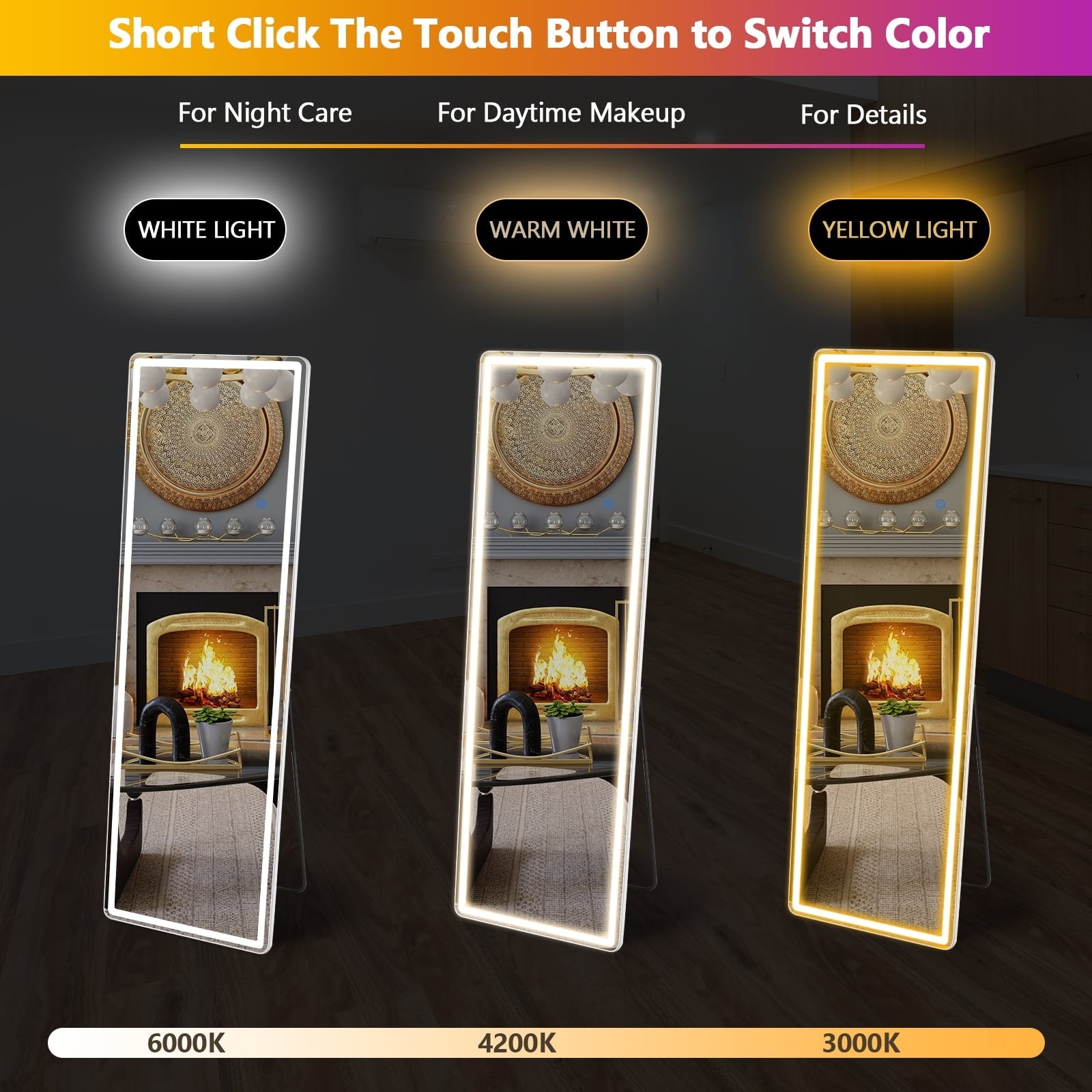 Miroir de sol avec éclairage LED, 64 x 21, miroir pleine longueur avec support, miroir suspendu, miroir mural, miroir intégral