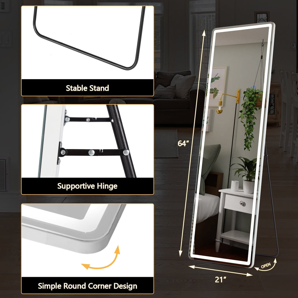 Miroir de sol avec éclairage LED, 64 x 21, miroir pleine longueur avec support, miroir suspendu, miroir mural, miroir intégral