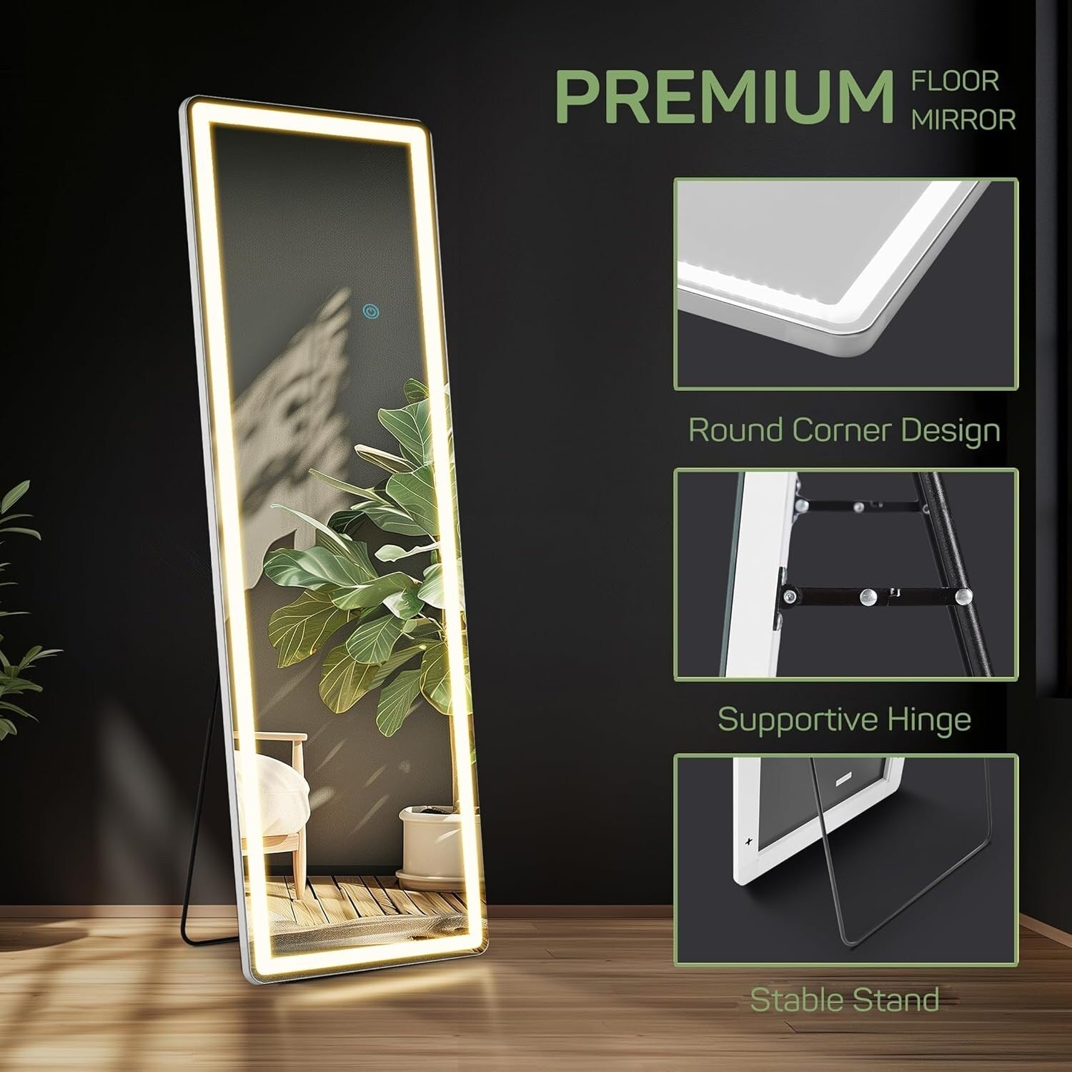 Miroir de sol avec éclairage LED, 64 x 21, miroir pleine longueur avec support, miroir suspendu, miroir mural, miroir intégral