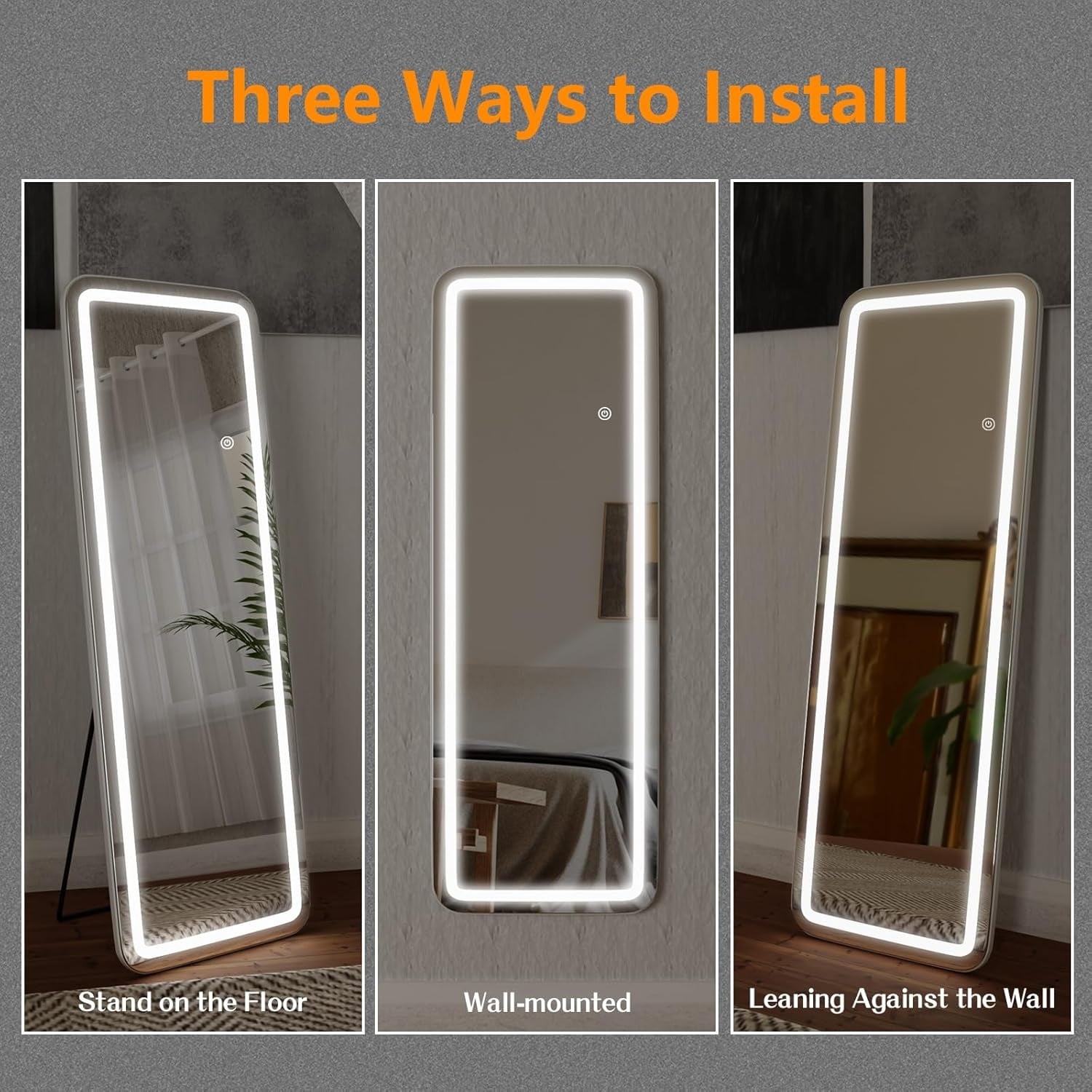 Miroir de sol avec éclairage LED, 64 x 21, miroir pleine longueur avec support, miroir suspendu, miroir mural, miroir intégral