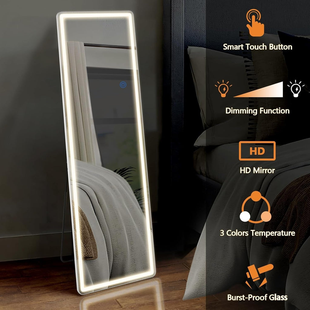 Miroir de sol avec éclairage LED, 64 x 21, miroir pleine longueur avec support, miroir suspendu, miroir mural, miroir intégral