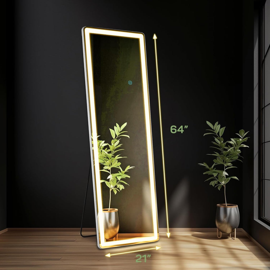 Miroir de sol avec éclairage LED, 64 x 21, miroir pleine longueur avec support, miroir suspendu, miroir mural, miroir intégral