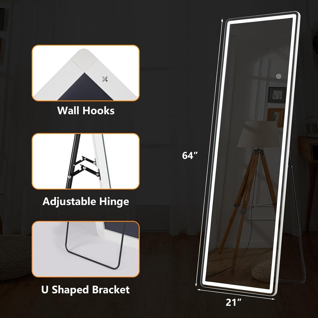 Miroir de sol avec éclairage LED, 64 x 21, miroir pleine longueur avec support, miroir suspendu, miroir mural, miroir intégral