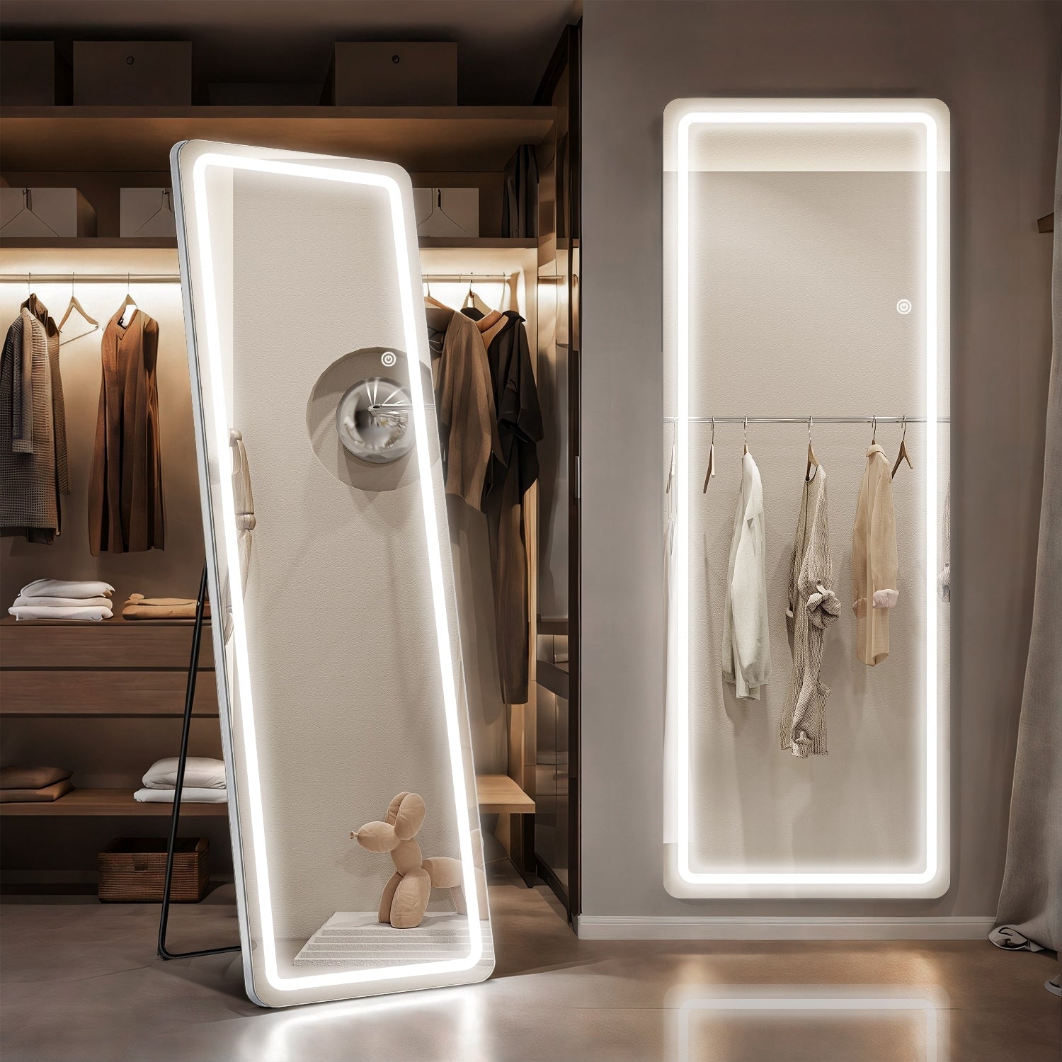 Miroir de sol avec éclairage LED, 64 x 21, miroir pleine longueur avec support, miroir suspendu, miroir mural, miroir intégral