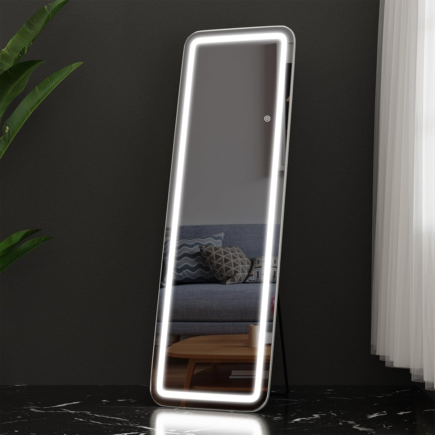 Miroir de sol avec éclairage LED, 64 x 21, miroir pleine longueur avec support, miroir suspendu, miroir mural, miroir intégral