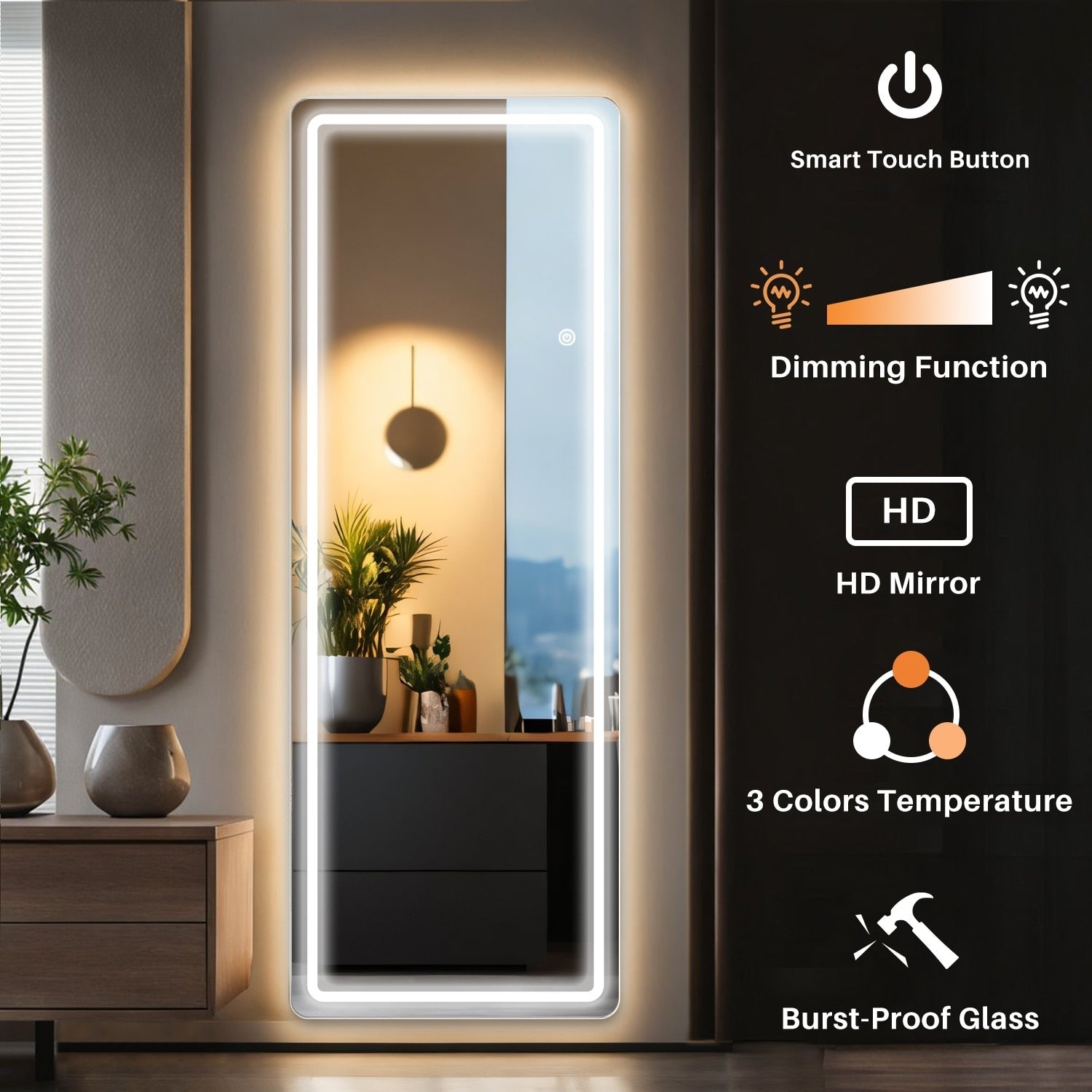 Miroir de sol avec éclairage LED, 64 x 21, miroir pleine longueur avec support, miroir suspendu, miroir mural, miroir intégral