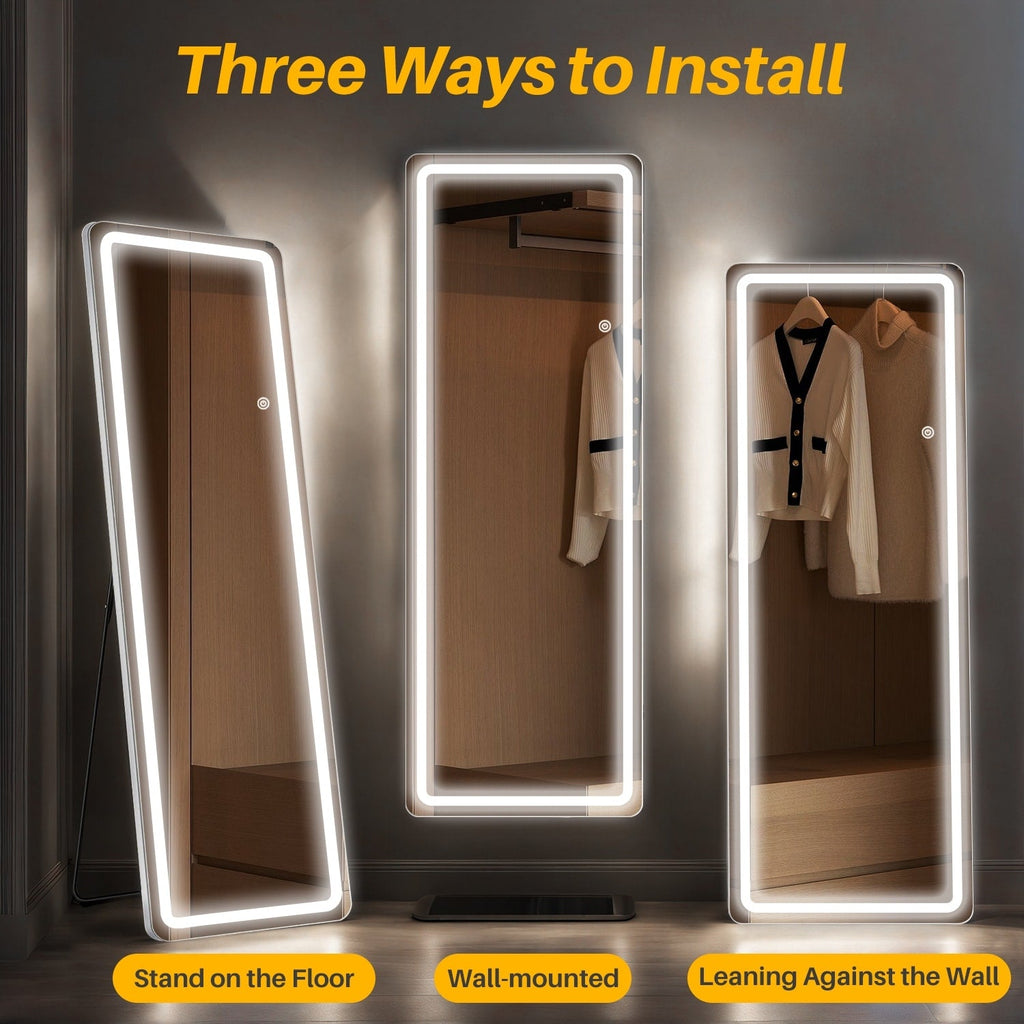 Miroir de sol avec éclairage LED, 64 x 21, miroir pleine longueur avec support, miroir suspendu, miroir mural, miroir intégral