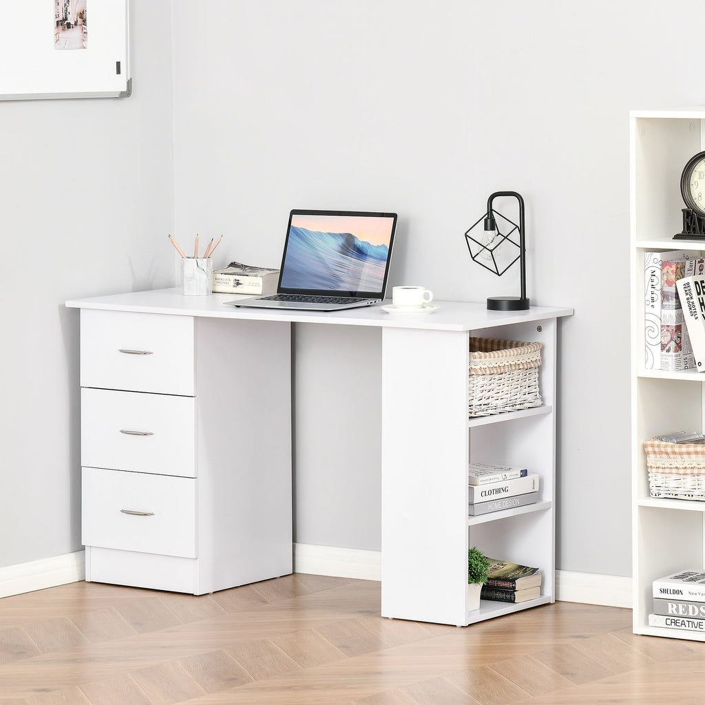 Bureau d'ordinateur moderne HOMCOM 47, bibliothèque, table d'écriture, poste de travail avec 3 tiroirs et étagère de rangement - Blanc