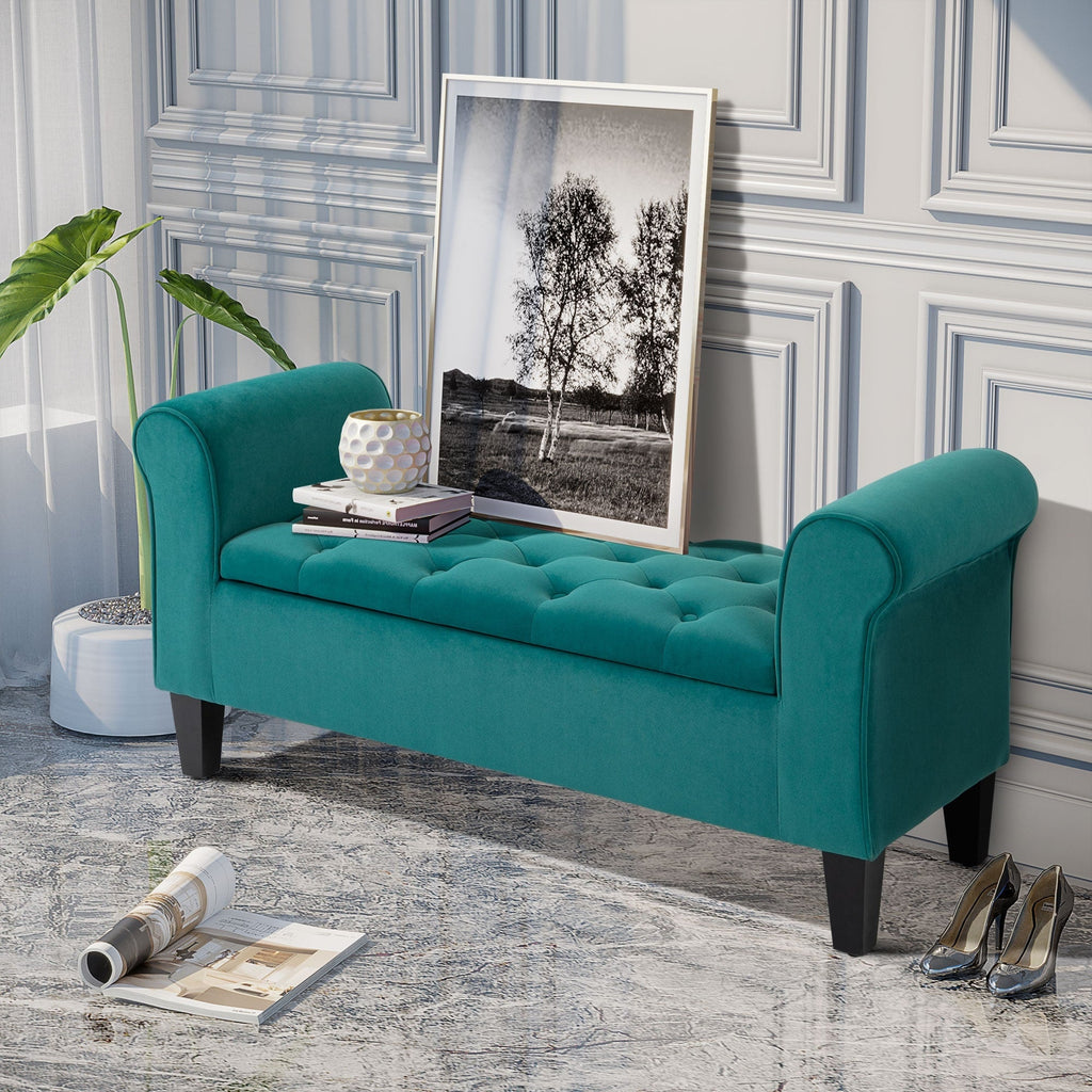 Banc ottoman de rangement capitonné à boutons HOMCOM, banc de lit rembourré avec accoudoirs roulés pour chambre, salon ou couloir