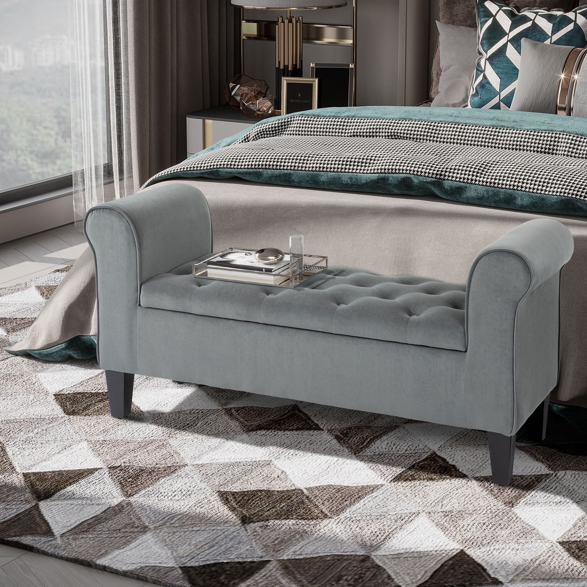 Banc ottoman de rangement capitonné à boutons HOMCOM, banc de lit rembourré avec accoudoirs roulés pour chambre, salon ou couloir