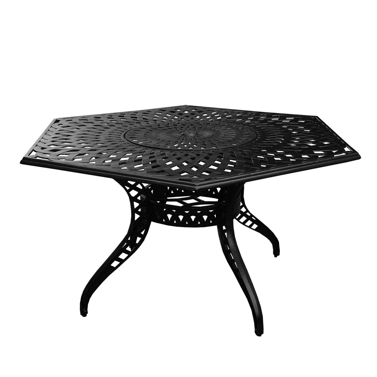 Ensemble de salle à manger d'extérieur moderne et orné en aluminium maillé, grand format hexagonal de 160 cm, avec plateau tournant et six chaises - N/A