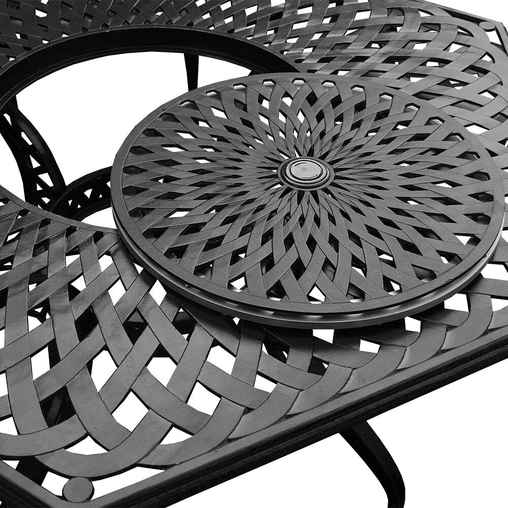 Ensemble de salle à manger d'extérieur moderne et orné en aluminium maillé, grand format hexagonal de 160 cm, avec plateau tournant et six chaises - N/A