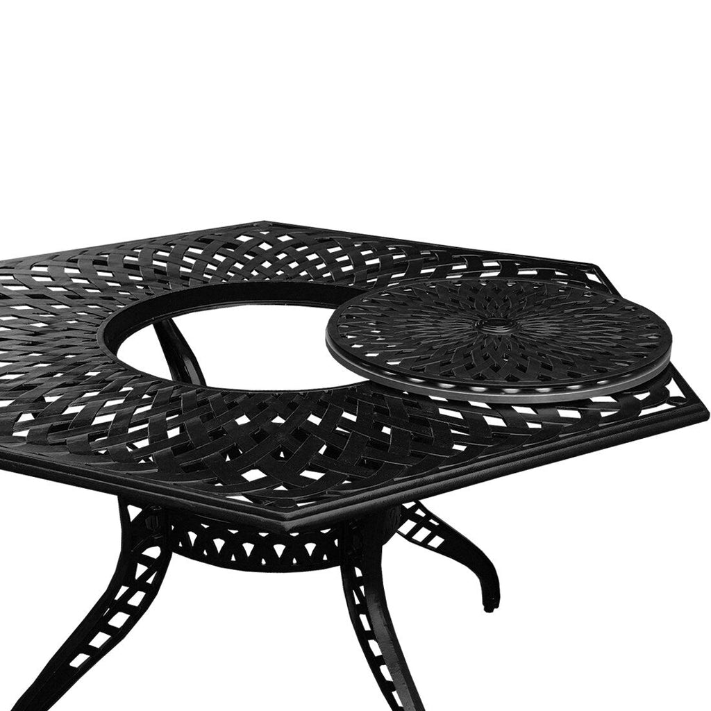 Ensemble de salle à manger d'extérieur moderne et orné en aluminium maillé, grand format hexagonal de 160 cm, avec plateau tournant et six chaises - N/A