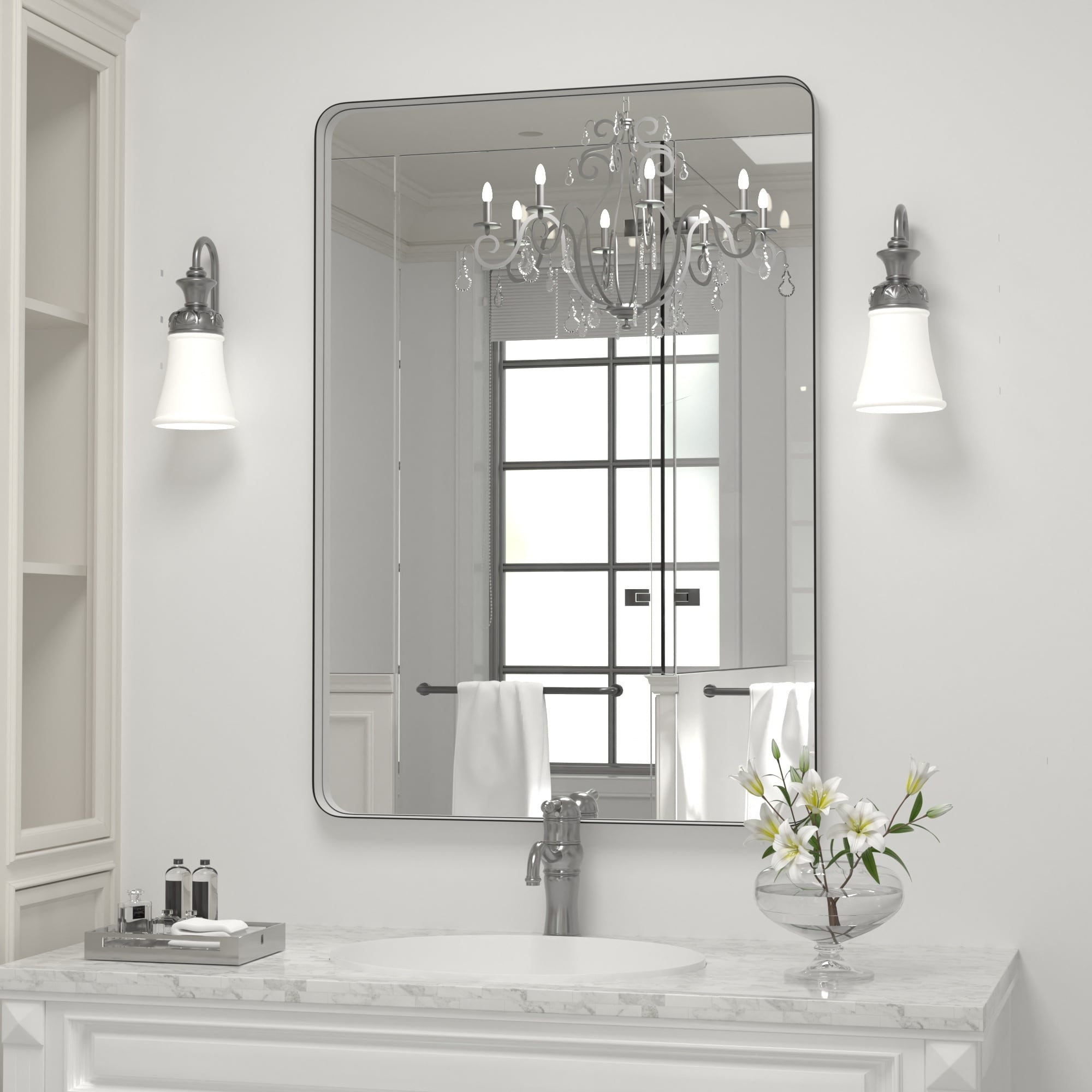 Miroir mural moderne, miroir rectangulaire avec cadre en métal, miroir de salle de bain avec miroir de courtoisie d'angle rond pour vertical/horizontal