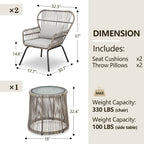 Ensemble de bistrot d'extérieur 3 pièces en osier, mobilier de jardin en rotin toutes saisons, chaises de patio avec coussins